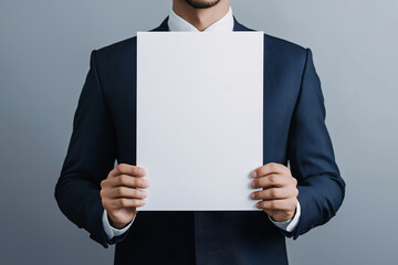 Businessman holding blank paper mockup in suit on grey background, ideal for branding or presentation