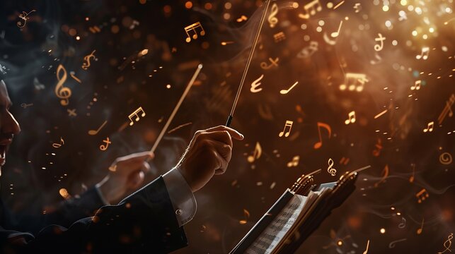 A conductor with a baton and music notes on a dark background, close-up view.
