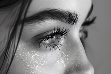 Fototapeta premium Captivating Close-Up of a Beautiful Eye with Dewy Skin in Black and White