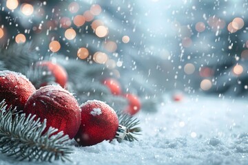 Festive Winter Scene with Red Ornaments and Snowfall