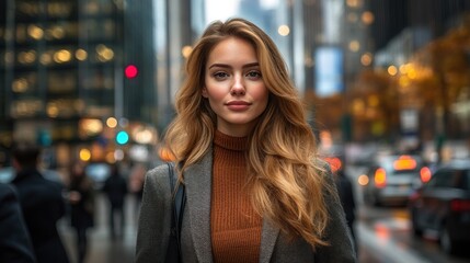 Fototapeta premium A young woman stands confidently in a bustling urban environment filled with autumn colors