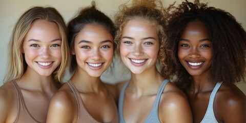 Fototapeta premium Four diverse women enjoy a joyful moment, showcasing their radiant smiles and friendship