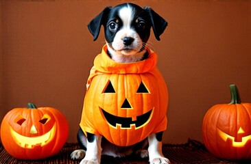 Dog in halloween costume. Dog halloween party costume. Friend with orange backgound. Halloween theme.