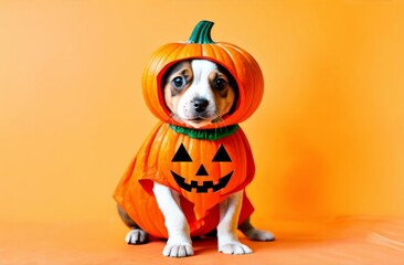 Dog in halloween costume. Dog halloween party costume. Friend with orange backgound. Halloween theme.