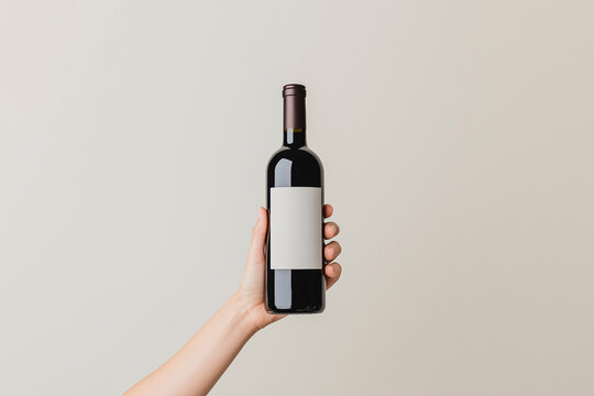 Hand holding red wine bottle mockup with blank label on beige background, ideal for branding and design