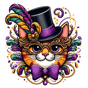 Festive Cat in Top Hat and Mask