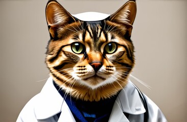 Portrait of a cute young small cat sitting . Cool looking cat as a doctor wearing doctor gown or coat.