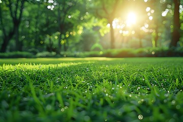 Naklejka premium Serene Morning Light on Dew-Kissed Grass in a Lush Green Park