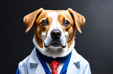 Portrait of a cute young small dog sitting on a white modern chair. Cool looking dog as a doctor wearing doctor gown or coat.