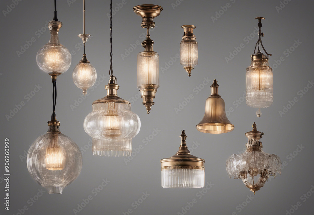 Wall mural set of expensive different stylish chandelier lamps isolated on transparent background