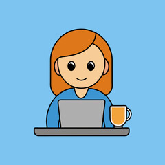 Woman Operating Laptop With Coffee Cartoon Vector Icon Illustration