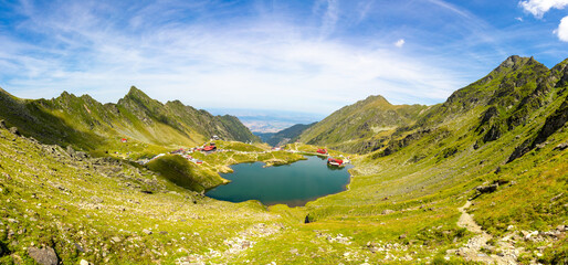 Landscape with Balea lake in Fagaras mountains - Romania seen from above. Aerial view of the Balea lake from Tranfagarasan
