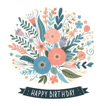 Floral Birthday Greeting Card with Happy Birthday Banner