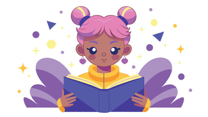 Vector art of an adorable child with pink hair, holding a book. The colorful and vibrant cartoon style is perfect for educational materials, kids' stories, and character designs.