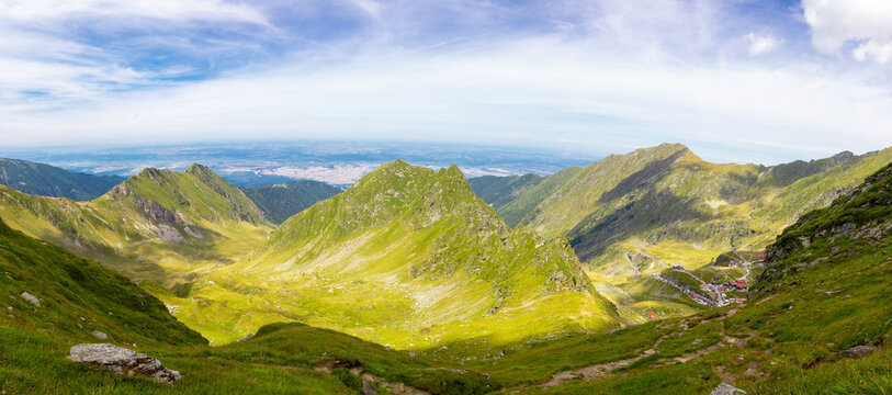 Aerial view of the Fagaras Mountains - Romania in summer, drone view, above the mountains