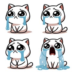 Four Sad Cartoon Cats with Tears