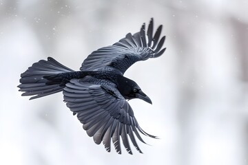 Naklejka premium Majestic Raven in Flight Against a Snowy Background