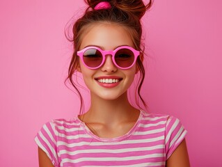 Naklejka premium portrait of a cute girl in pink sunglasses
