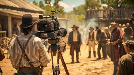 Fototapeta premium A film crew captures a Western scene with actors in period costumes, surrounded by a dusty old town and onlookers.