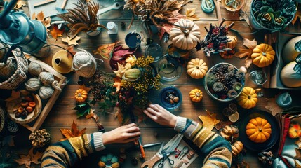 Fototapeta premium Cozy autumn craft workshops with people making seasonal decorations, surrounded by colorful materials and utensils.