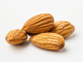 close-up of a few peeled and shelled nuts (e.g., almonds) on a white background, high-resolution, detailed texture, clean and natural appearance, realistic