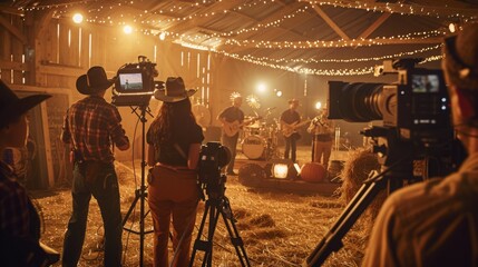 Musicians perform a lively country music set in a rustic barn adorned with warm lights, while crew members capture the moment with cameras.