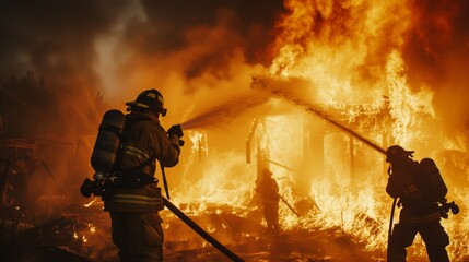 Intense scene of firefighters working to extinguish a fire