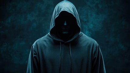 Mysterious Figure in Dark Hoodie Against Blue Background