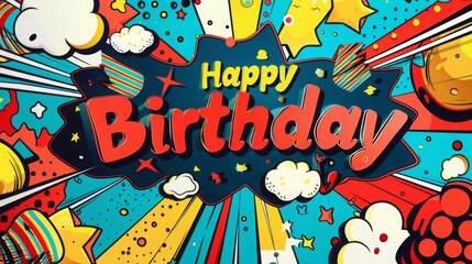 Fototapeta premium A vibrant background featuring bold colors, stars, and clouds, prominently displaying a Happy Birthday message in an artistic comic style.