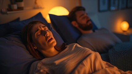 Fototapeta premium Woman lying in bed frustrated, while her husband snores loudly beside her