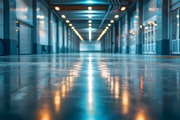 Serene Industrial Corridor with Reflective Floors and Ambient Lighting