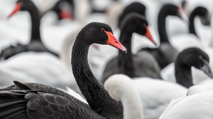 Obraz premium Black swan among white, different unique special leader identity, crowd leadership