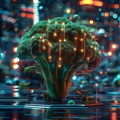 Broccoli with futuristic lights on a shiny surface with a bokeh background