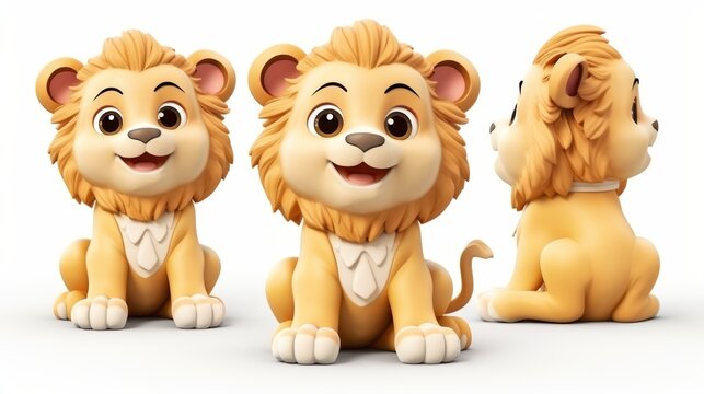 Collection of 3d adorable and cheerful cartoon lion characters isolated on white background