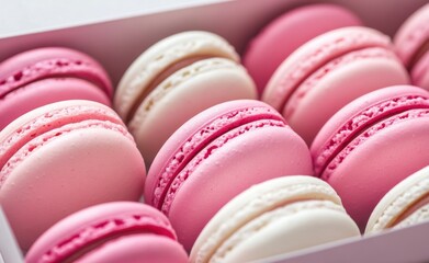 Obraz premium A box of delicate macarons in shades of pink and white. This is an appealing image that would be perfect for adding to wedding table centerpieces or as part of gift boxes