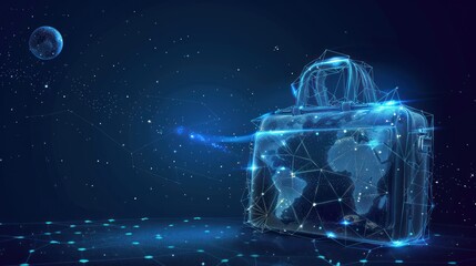 A Wireframe Suitcase with a World Map in a Starry Sky