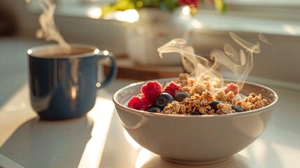a bowl of granola with berries and blueberries