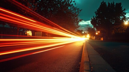 Obraz premium Long-exposure photograph of a street at dusk or night, featuring light trails from moving vehicles, stationary street lights, and a dark sky with a hint of twilight