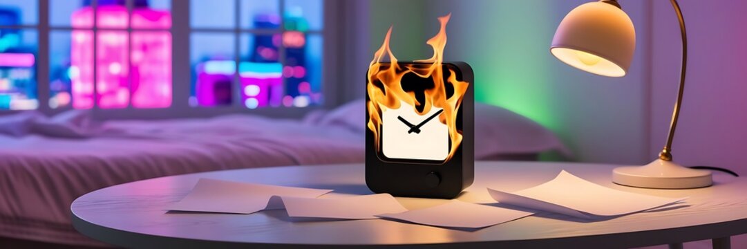 alarm clock burning in fire, exploding rush hour, deadline pressure