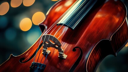 Violin, showcasing its f-holes, strings, bridge, and tailpiece, with a blurred background of lights, suggesting a concert or performance setting