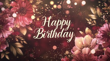 Fototapeta premium A vibrant birthday greeting featuring beautiful flowers and a sparkling backdrop, perfect for joyful celebrations.