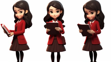 Cheerful young woman with smartphone and tablet in cartoon 3d style, isolated on white background