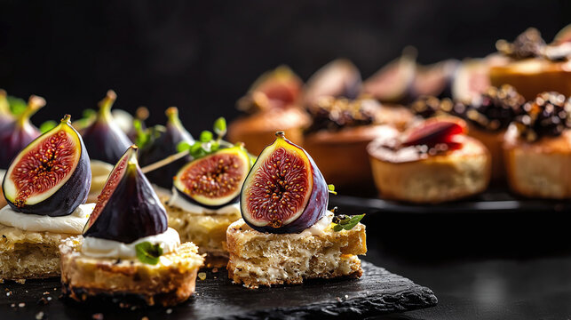  a selection of bakery items topped with fresh figs, displayed in a chic and elegant bakery setting