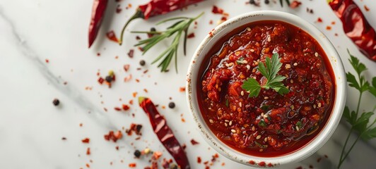Gochujang with Sesame and Herbs.
Rich and spicy gochujang sauce garnished with sesame seeds and fresh herbs in a white bowl. Perfect for seasoning and adding depth to meals.
