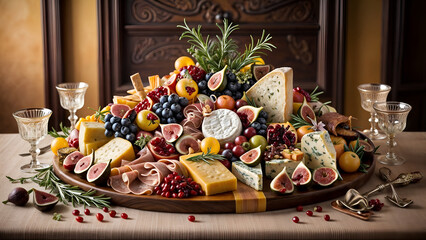 Fototapeta premium Fantasy Feast Charcuterie Board: An extravagant charcuterie board with whimsical cheeses, meats, and fruits.