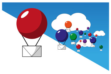 Banner conceptual de cartas viajando en globo por los cielo. Símbolo de mensajería viajando por el mundo y llegando a todos lados. Icono de correo. 