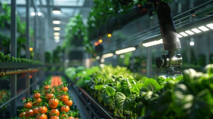 A high-tech indoor farm with robotic arms picking fresh herbs and vegetables, with rows of colorful plants under artificial lighting. Copy space