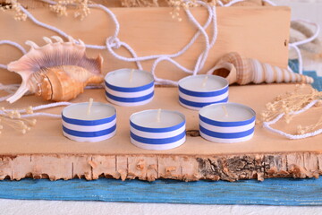 Small gifts beach wedding favors candles tea lights in blue color stripes pattern decoration,...