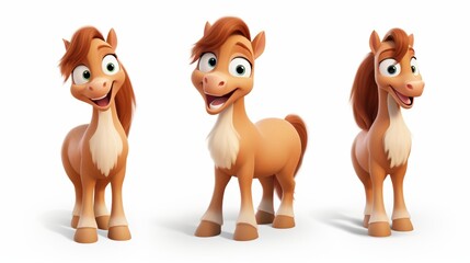 Collection of cute 3d cartoon horse characters on white background, adorable design elements