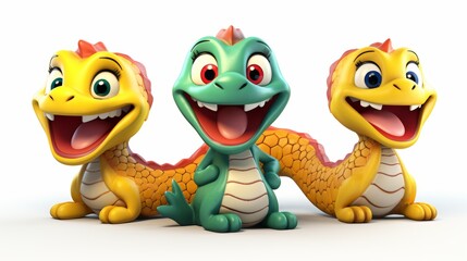 Naklejka premium Cheerful cartoon snakes in 3d trio of adorable reptile characters on white background